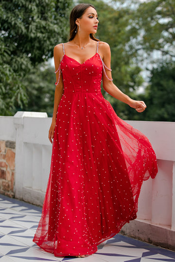 Rød beaded lang prom kjole